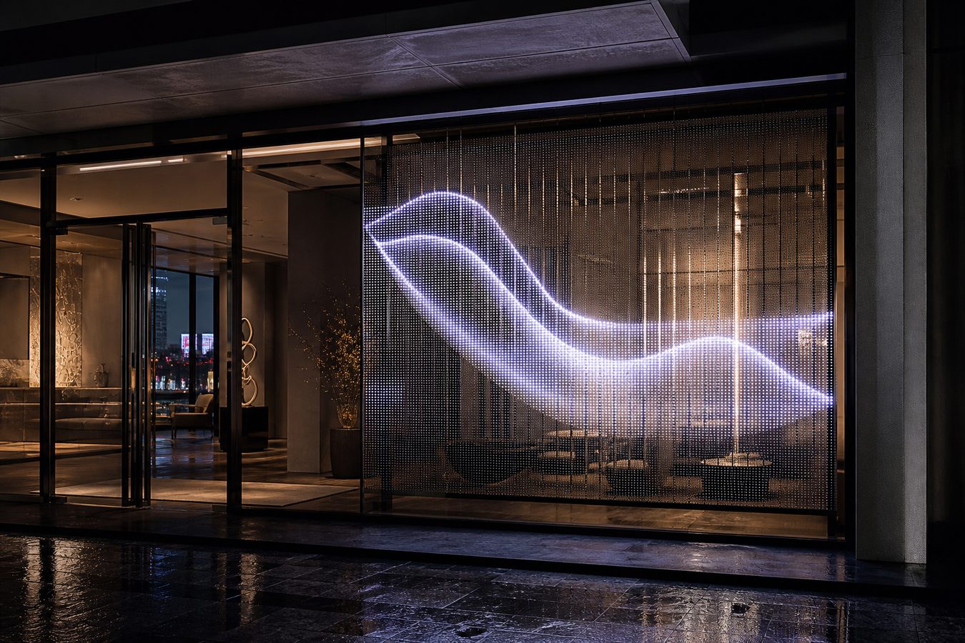 Transparentes LED-Display in einer Glasfassade
